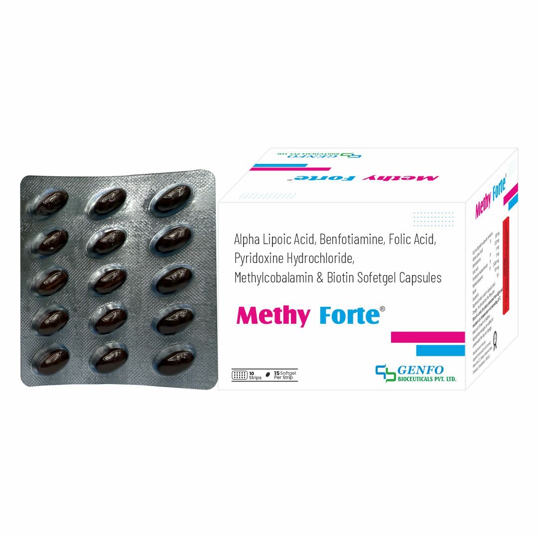 Methy Forte™ softgel capsules containing Methylcobalamin, Benfotiamine, ALA, Folic Acid, Biotin and Pyridoxine