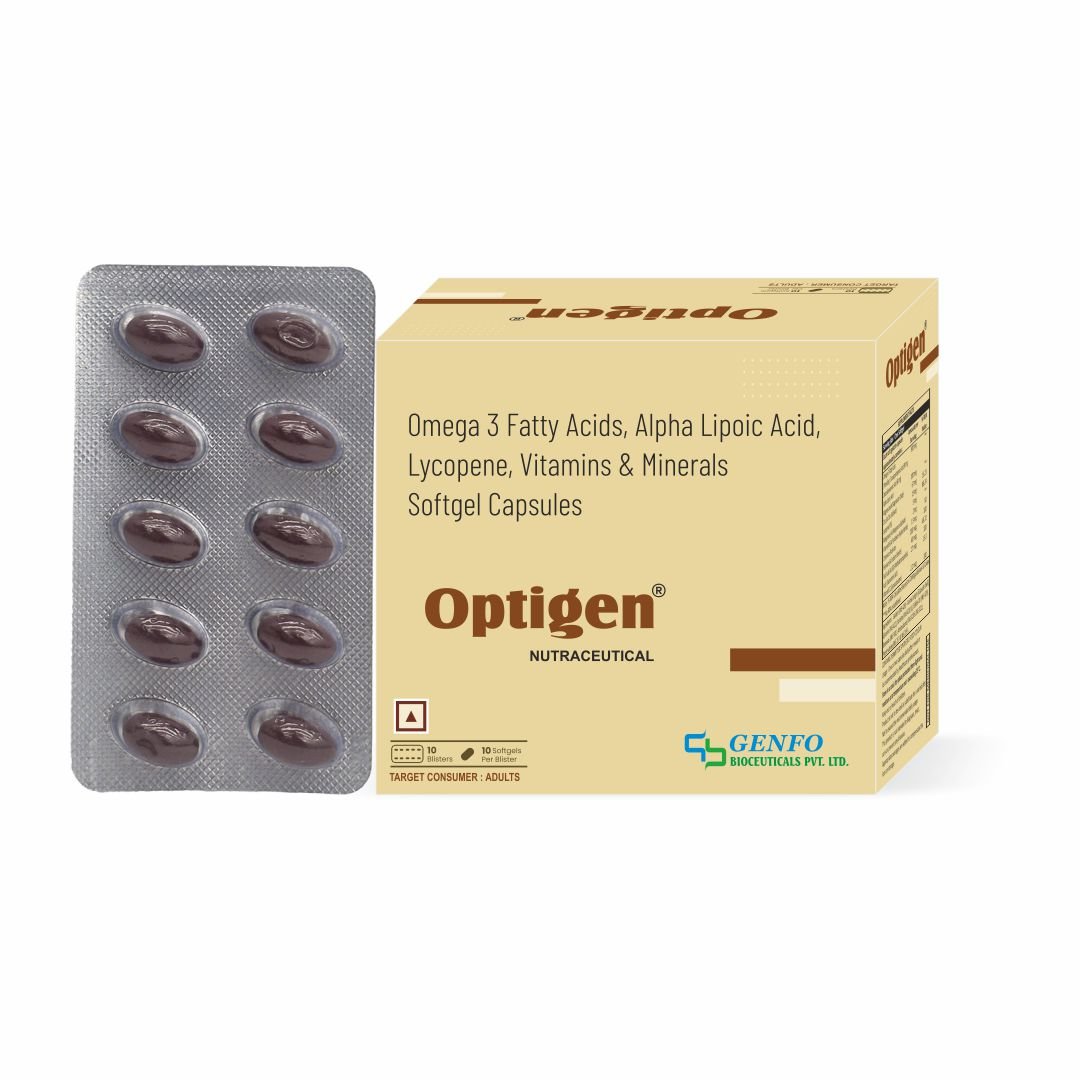 Optigen™ softgel capsules containing EPA, DHA, ALA, Folic Acid, Vitamins B6 and B12, Zinc, Selenium and Lycopene